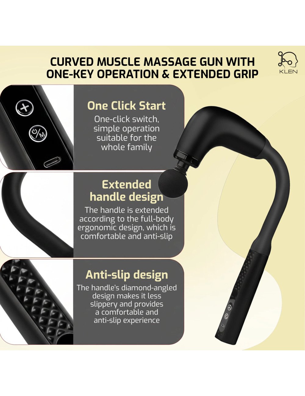 KLEN Deep Tissue Handheld Body Massager Machine with Extended Handle For Full Body Pain Relief, Neck, Shoulder, Back