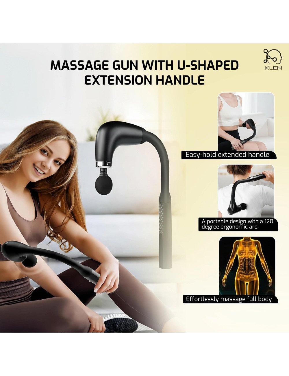 KLEN Deep Tissue Handheld Body Massager Machine with Extended Handle For Full Body Pain Relief, Neck, Shoulder, Back