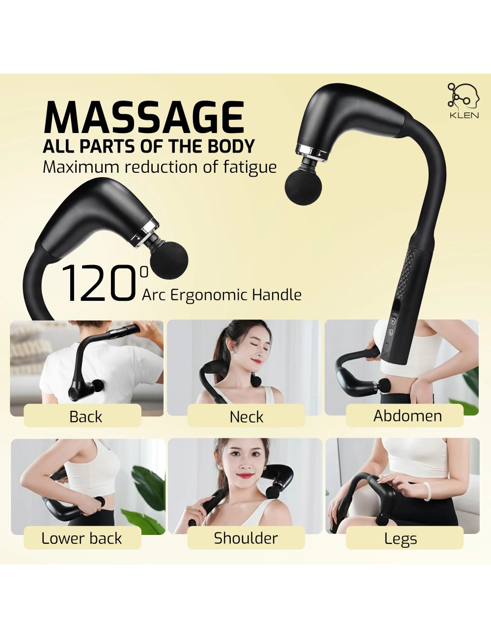KLEN Deep Tissue Handheld Body Massager Machine with Extended Handle For Full Body Pain Relief, Neck, Shoulder, Back
