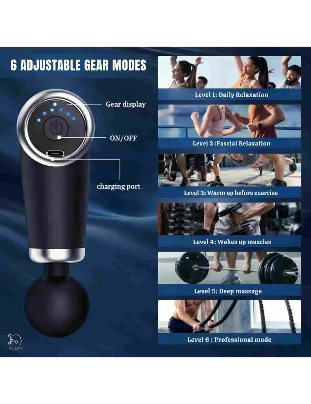 KLEN Rechargeable Handheld  Body Massager Machine Gun- Cordless Design with Adjustable Speeds for Neck, Shoulders & Legs