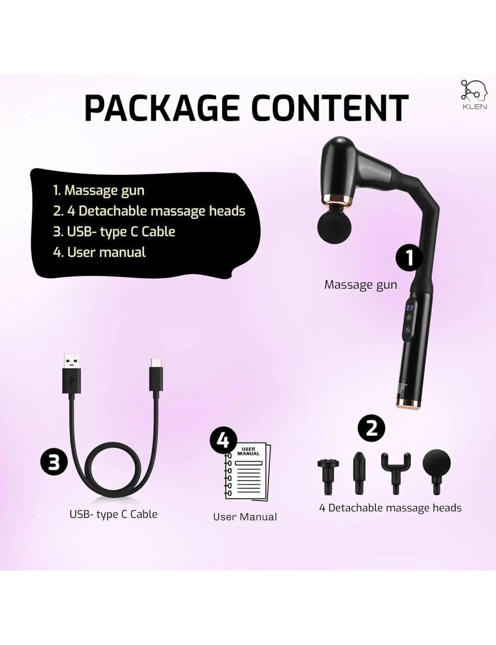 KLEN Percussion Massager for the Neck Deep Tissue Pain Relief – Cordless, Quiet Body, Shoulders, Back, Arms, Legs & Feet (Black)