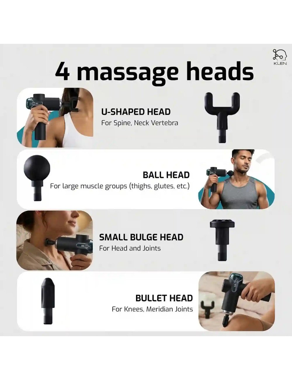 KLEN Rechargeable Massage Gun for Full Body Use – Body Massager for Back, Legs & Shoulders with 4 Interchangeable Massage Heads