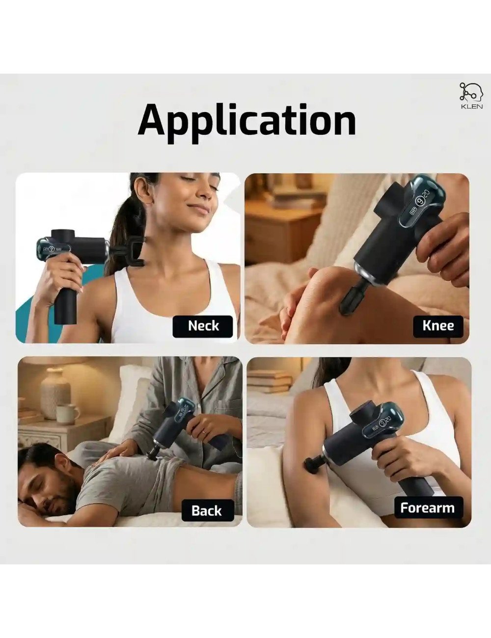 KLEN Rechargeable Massage Gun for Full Body Use – Body Massager for Back, Legs & Shoulders with 4 Interchangeable Massage Heads