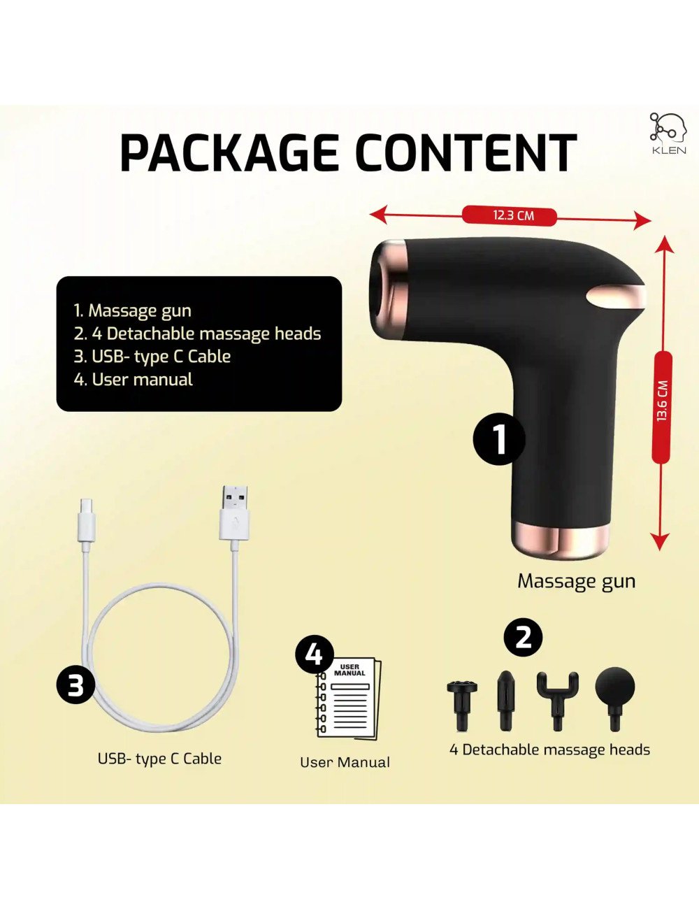 KLEN Rechargeable Handheld  Body Massager Machine Gun- Cordless Design with Adjustable Speeds for Neck, Shoulders & Legs