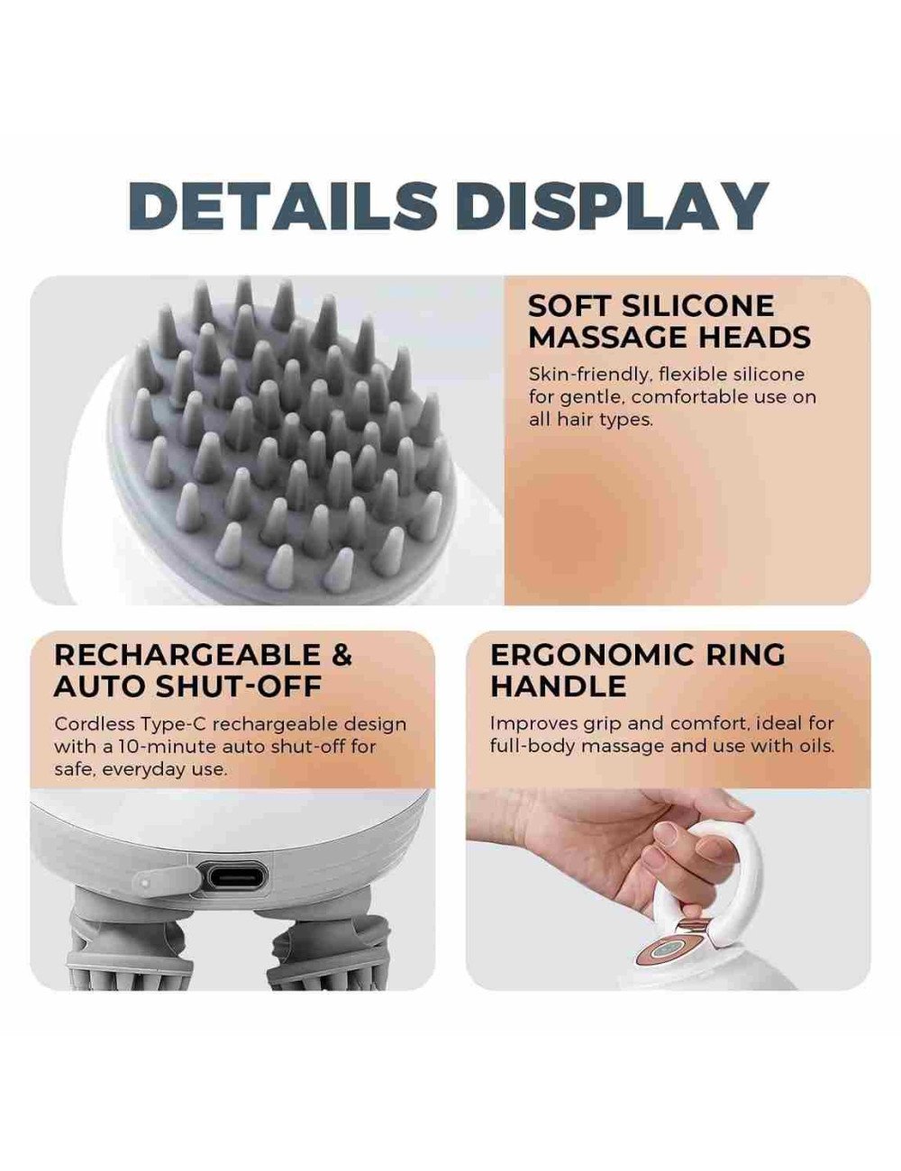 Mini Scalp and Head massager, Rechargeable USB Type-C Charging, Body & Hair Care Massager.