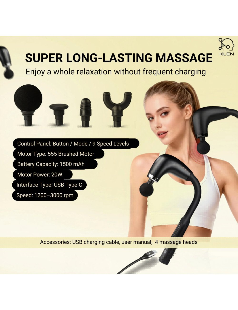 KLEN Deep Tissue Handheld Body Massager Machine with Extended Handle For Full Body Pain Relief, Neck, Shoulder, Back