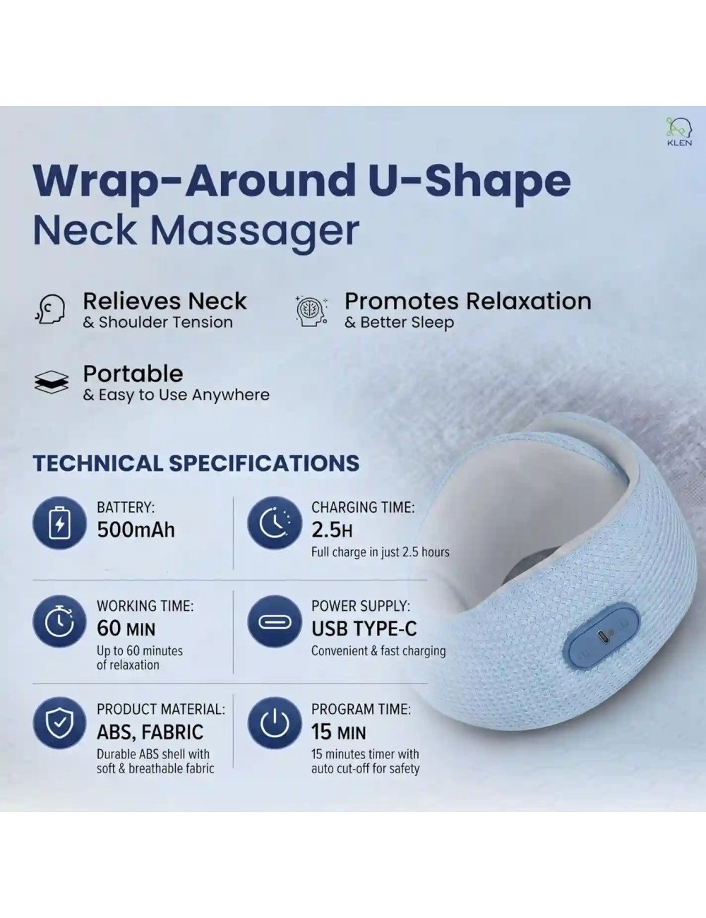 Rechargeable Neck Massager for Pain Relief Wireless Vibrating with Heat Therapy ,Support Pillow for Travel and Office (Sky Blue)
