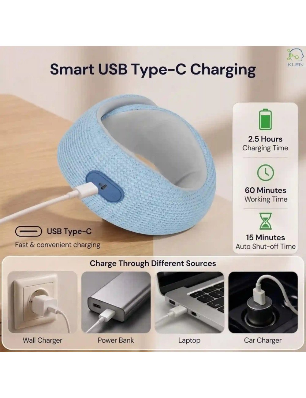 Rechargeable Neck Massager for Pain Relief Wireless Vibrating with Heat Therapy ,Support Pillow for Travel and Office (Sky Blue)