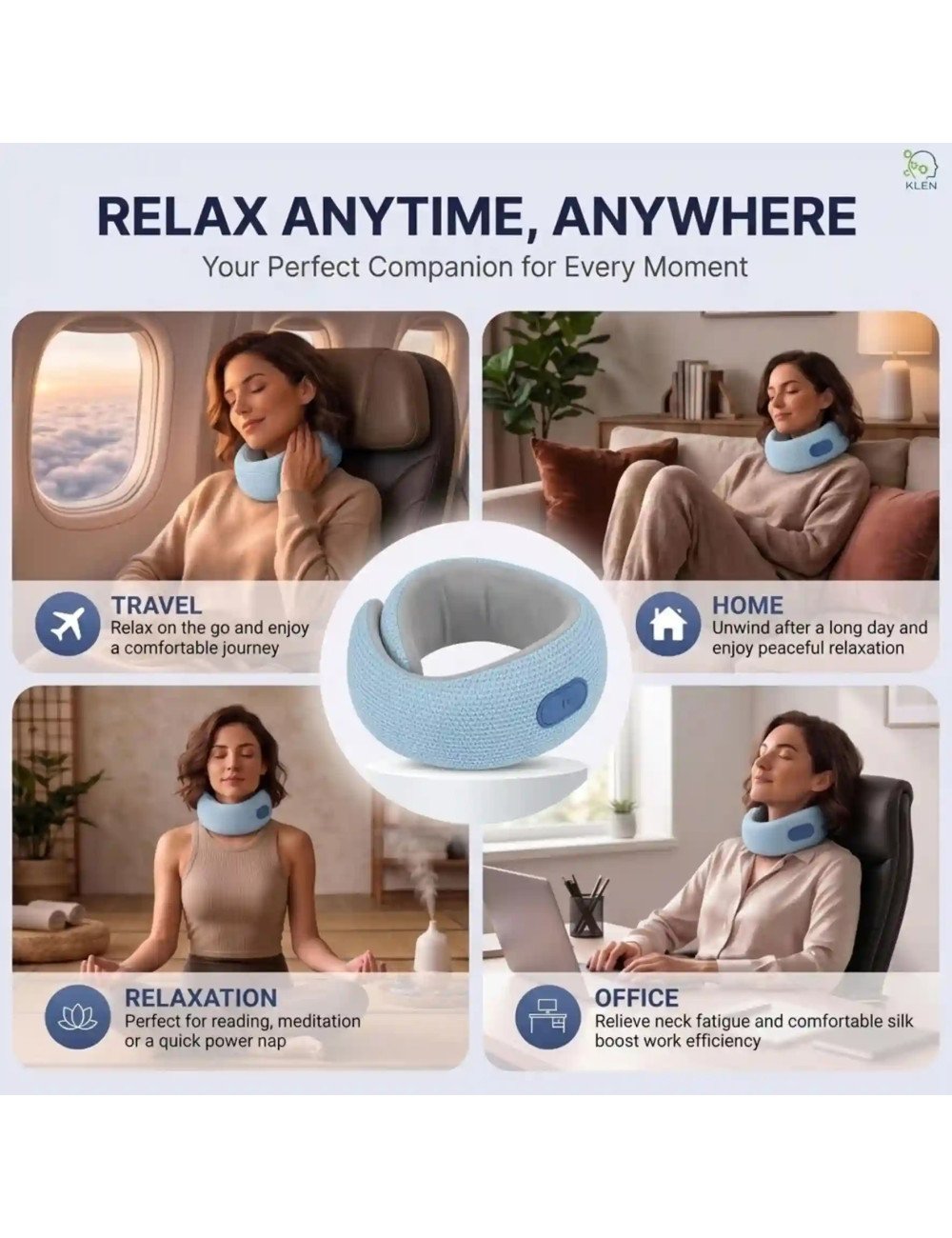 Rechargeable Neck Massager for Pain Relief Wireless Vibrating with Heat Therapy ,Support Pillow for Travel and Office (Sky Blue)