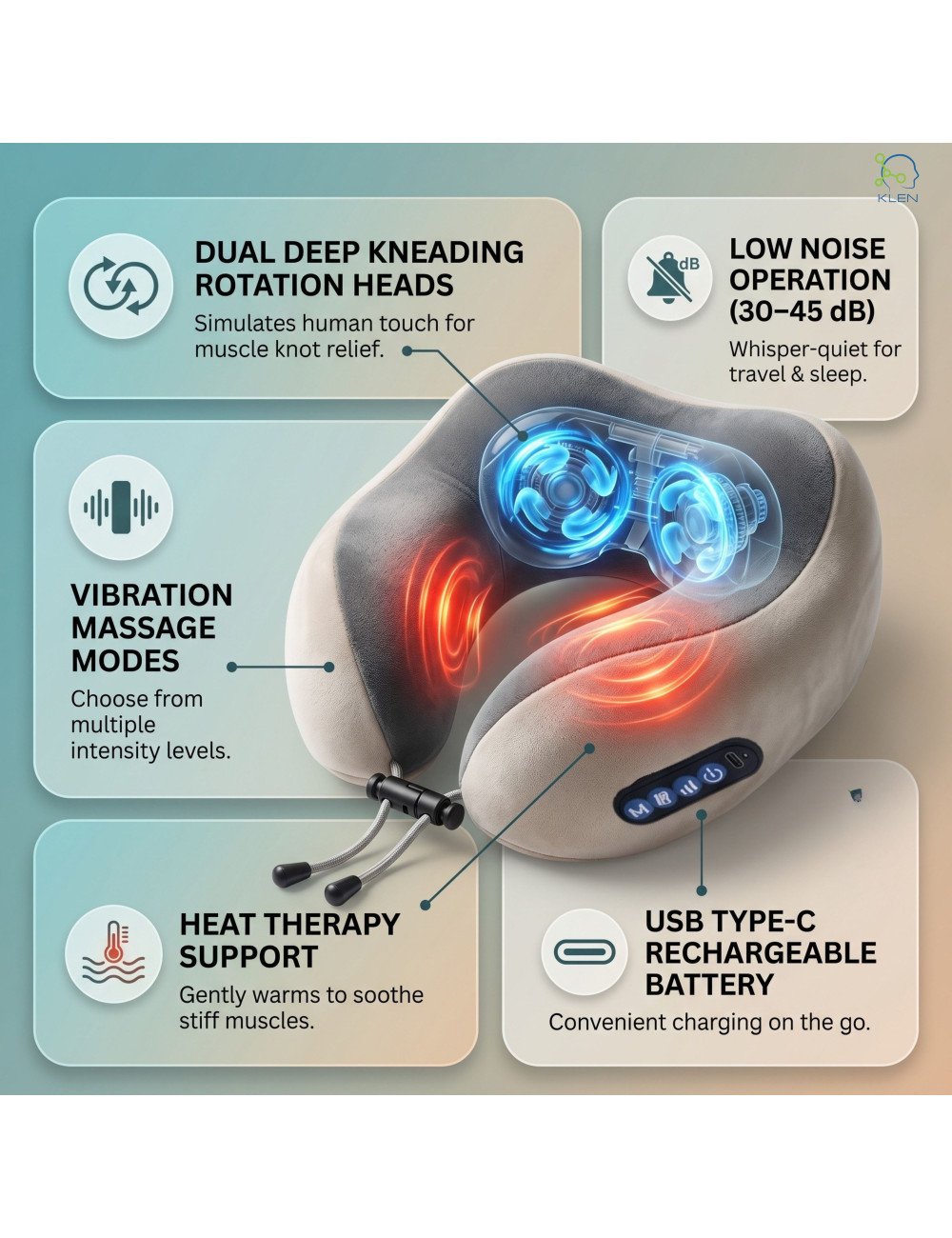 Neck Pillow Massager Rechargeable Memory Foam With Deep Massage Vibration for Pain Relief, Travel, Flight,Train, Car & Home Use