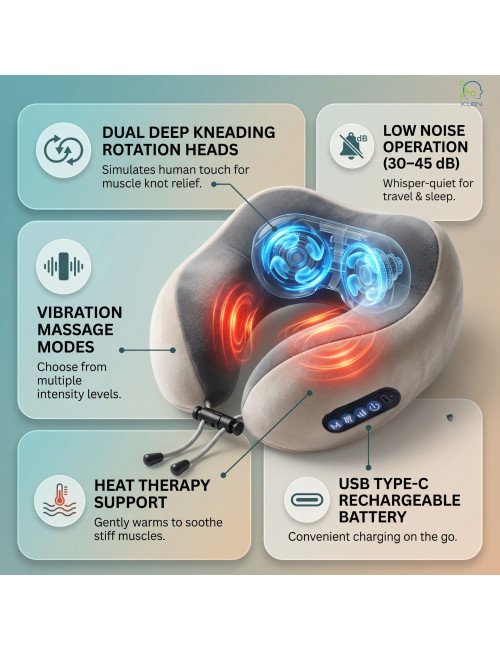Neck Pillow Massager Rechargeable Memory Foam With Deep Massage Vibration for Pain Relief, Travel, Flight,Train, Car & Home Use