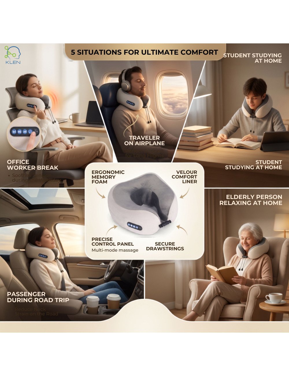 Neck Pillow Massager Rechargeable Memory Foam With Deep Massage Vibration for Pain Relief, Travel, Flight,Train, Car & Home Use