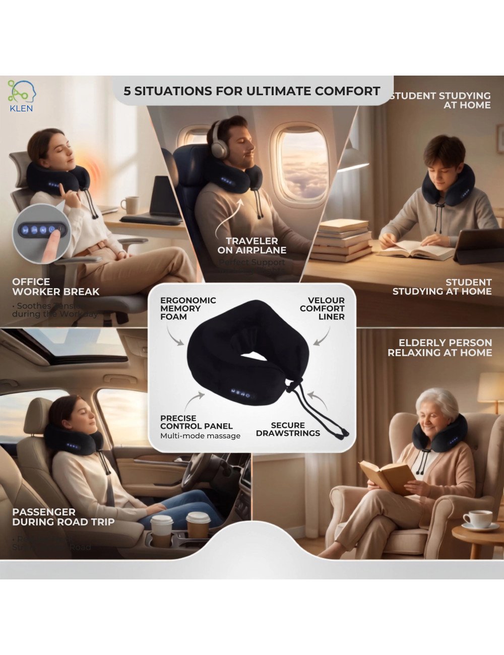 Electric Travel Neck Pillow Massager Memory Foam With Kneading Vibration For Pain Relief For Airplane, Car, Train And Home
