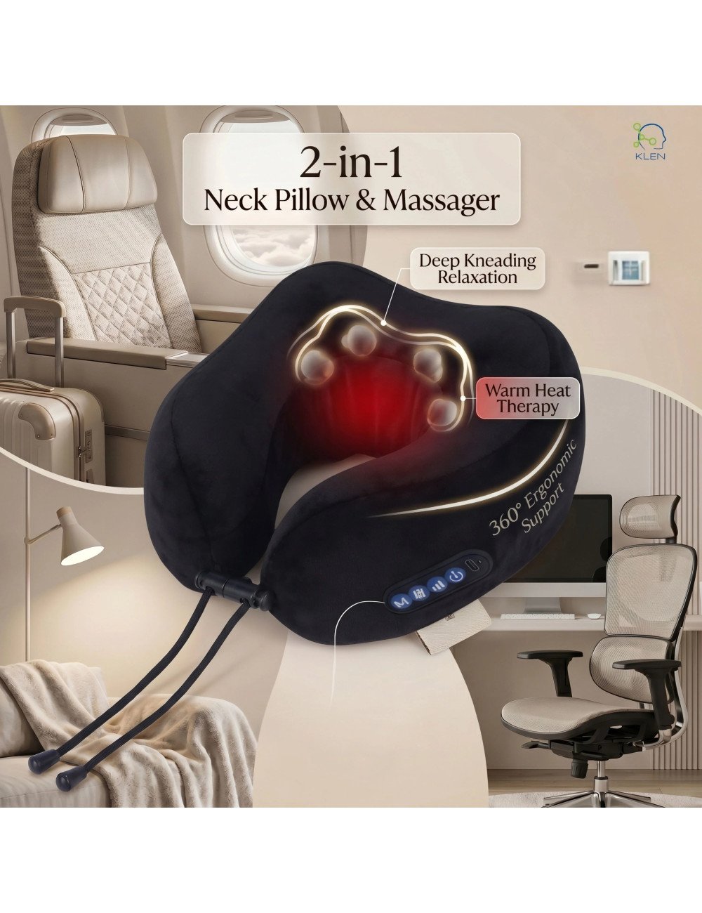 Electric Travel Neck Pillow Massager Memory Foam With Kneading Vibration For Pain Relief For Airplane, Car, Train And Home