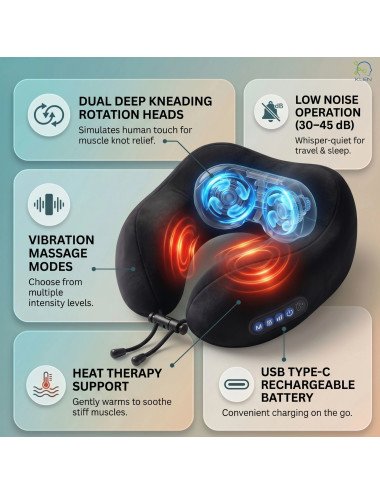 Electric Travel Neck Pillow Massager Memory Foam With Kneading Vibration For Pain Relief For Airplane, Car, Train And Home