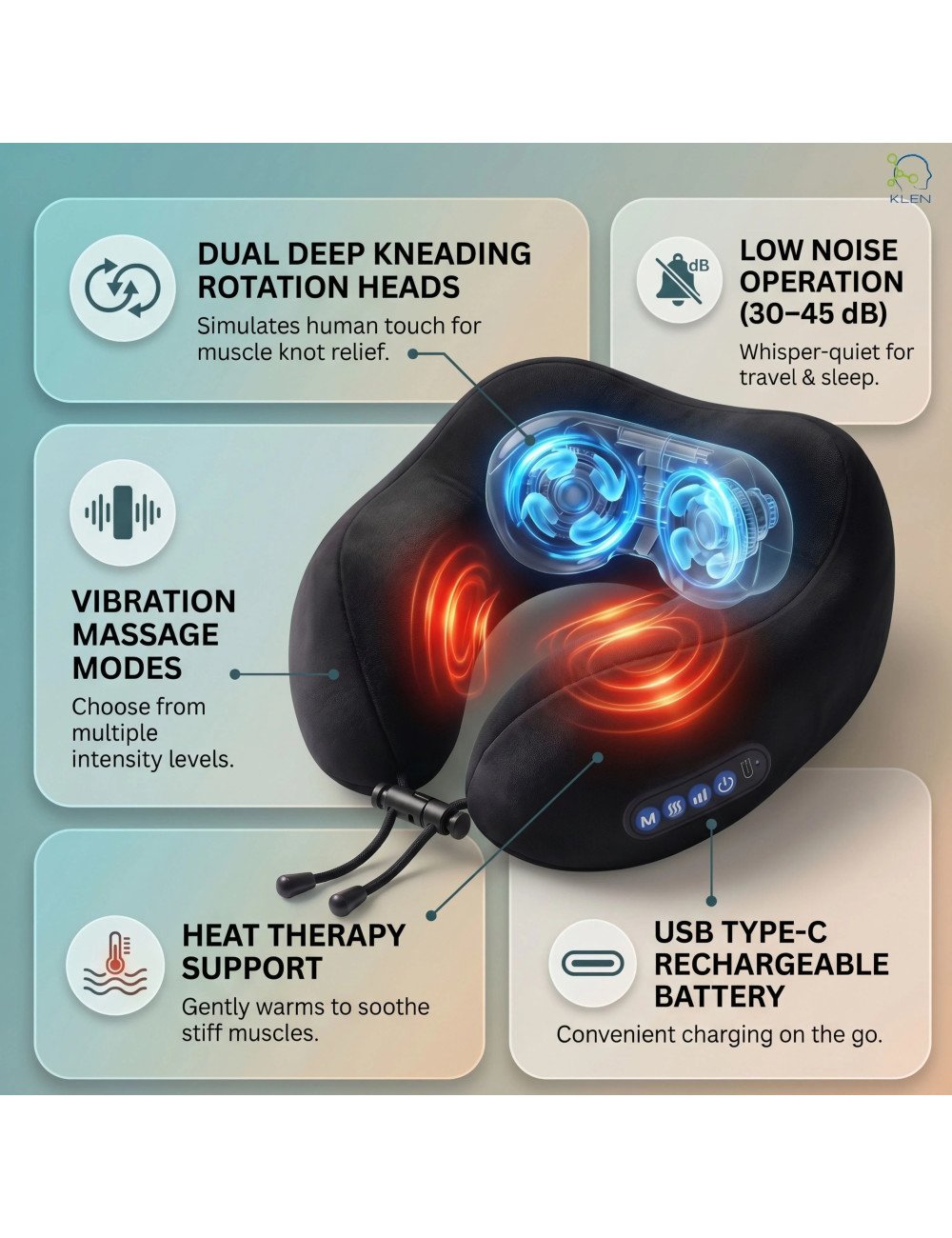 Electric Travel Neck Pillow Massager Memory Foam With Kneading Vibration For Pain Relief For Airplane, Car, Train And Home