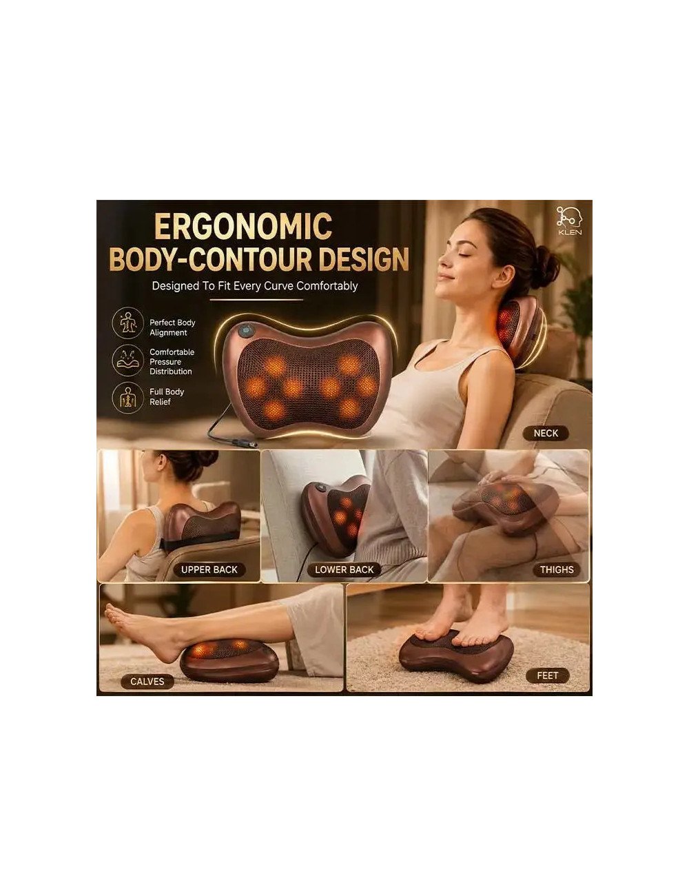 Neck Massage Pillow with Heat – 8 Head Deep Kneading Electric Massager for Back, Abdomen & Legs Pain Relief Therapy