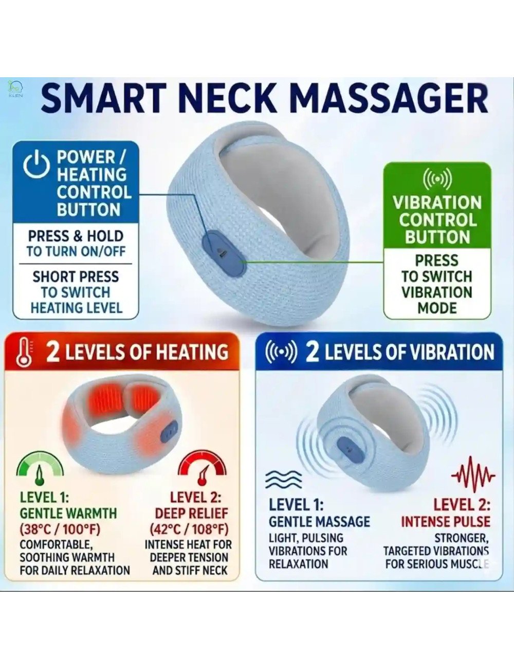 Rechargeable Neck Massager for Pain Relief Wireless Vibrating with Heat Therapy ,Support Pillow for Travel and Office (Sky Blue)