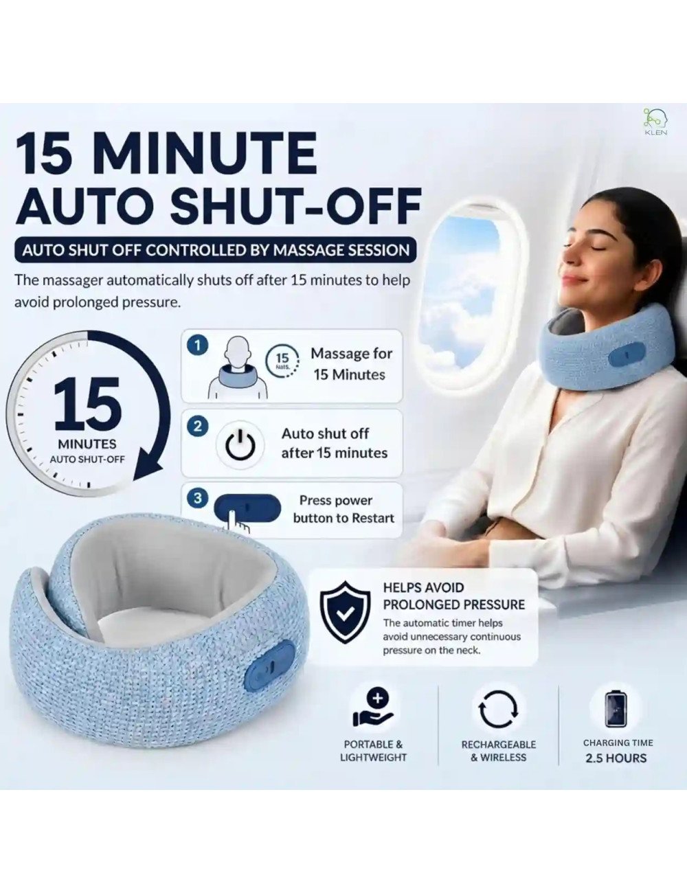 Rechargeable Neck Massager for Pain Relief Wireless Vibrating with Heat Therapy ,Support Pillow for Travel and Office (Sky Blue)