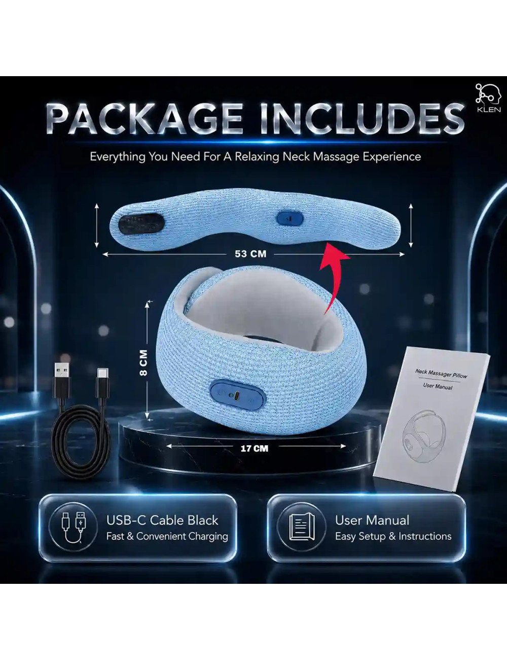 Rechargeable Neck Massager for Pain Relief Wireless Vibrating with Heat Therapy ,Support Pillow for Travel and Office (Sky Blue)