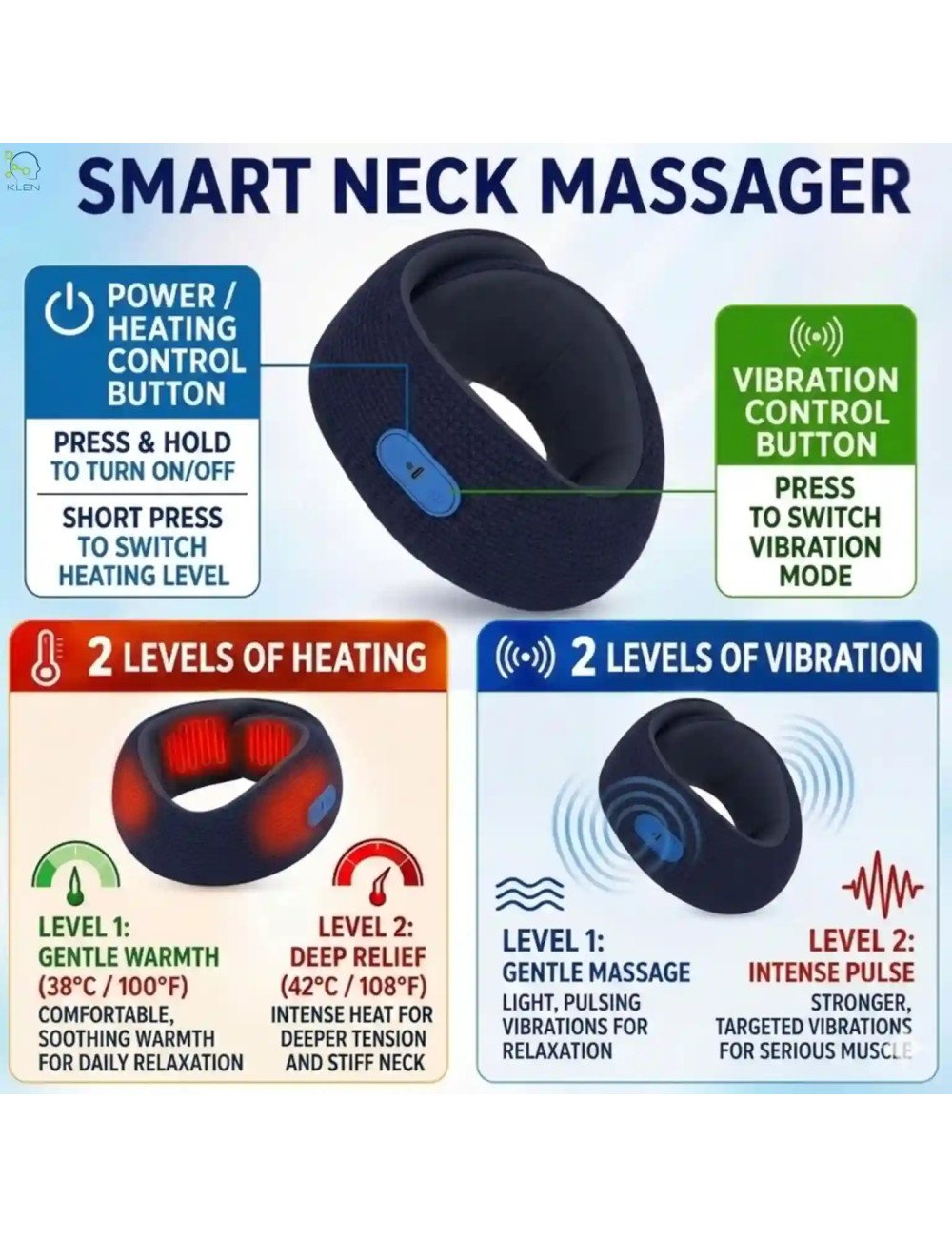 Electric Neck Massager Wireless Deep Tissue Massage with Soothing Heat for Neck & Muscle Pain Relief for Travel (Blue)