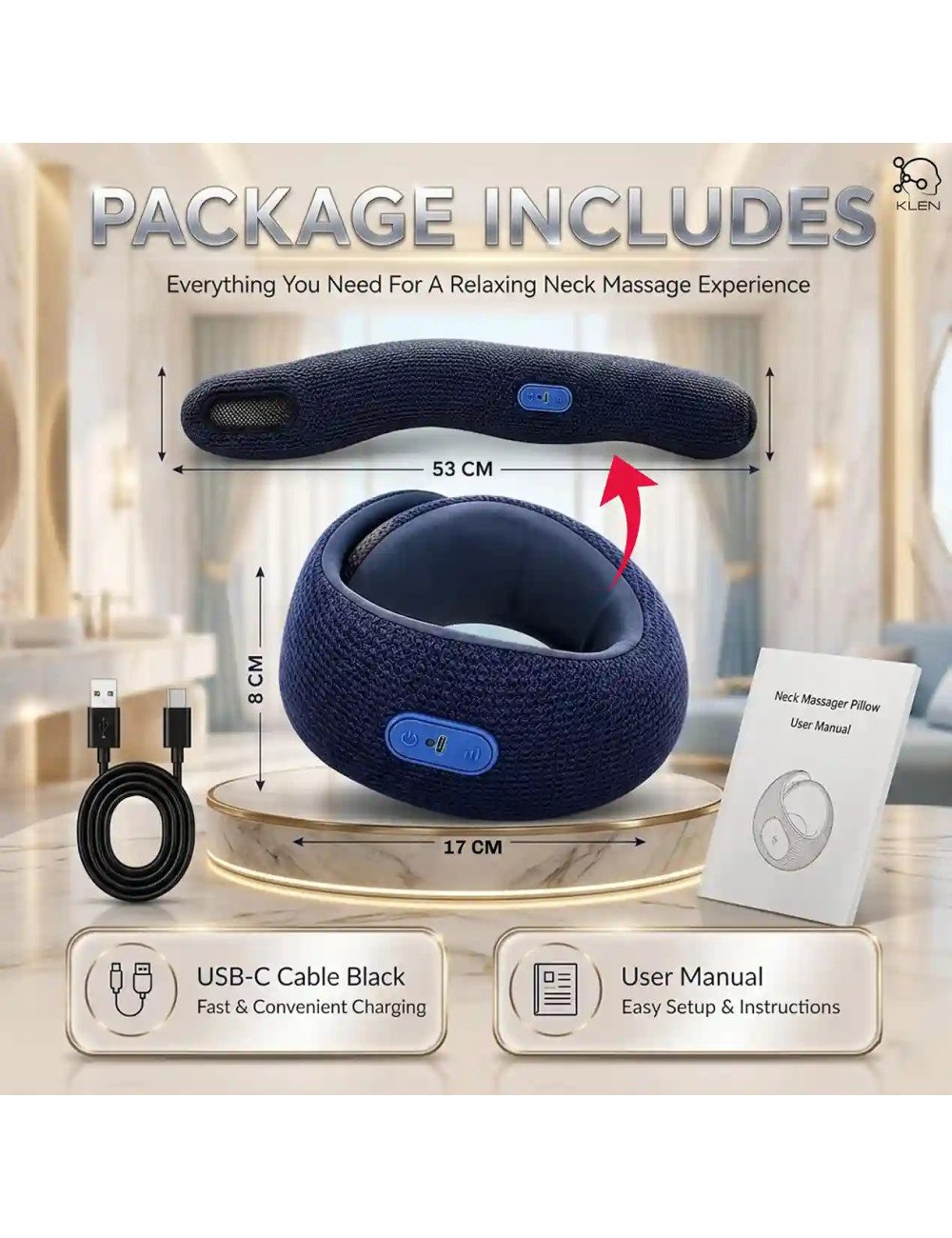 Electric Neck Massager Wireless Deep Tissue Massage with Soothing Heat for Neck & Muscle Pain Relief for Travel (Blue)