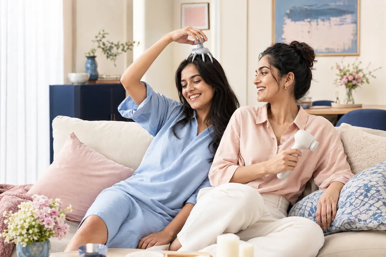 Friends enjoying KLEN personal wellness products at home