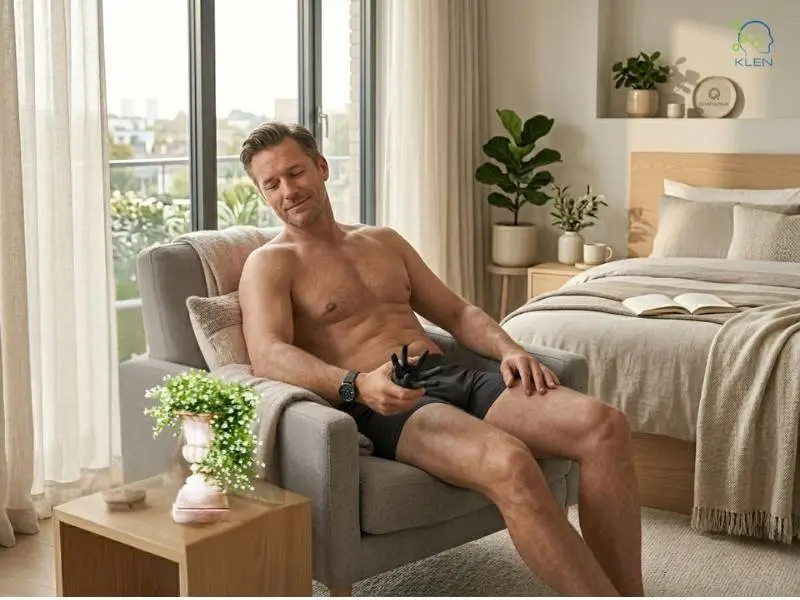 Man relaxing privately with a personal wellness massager